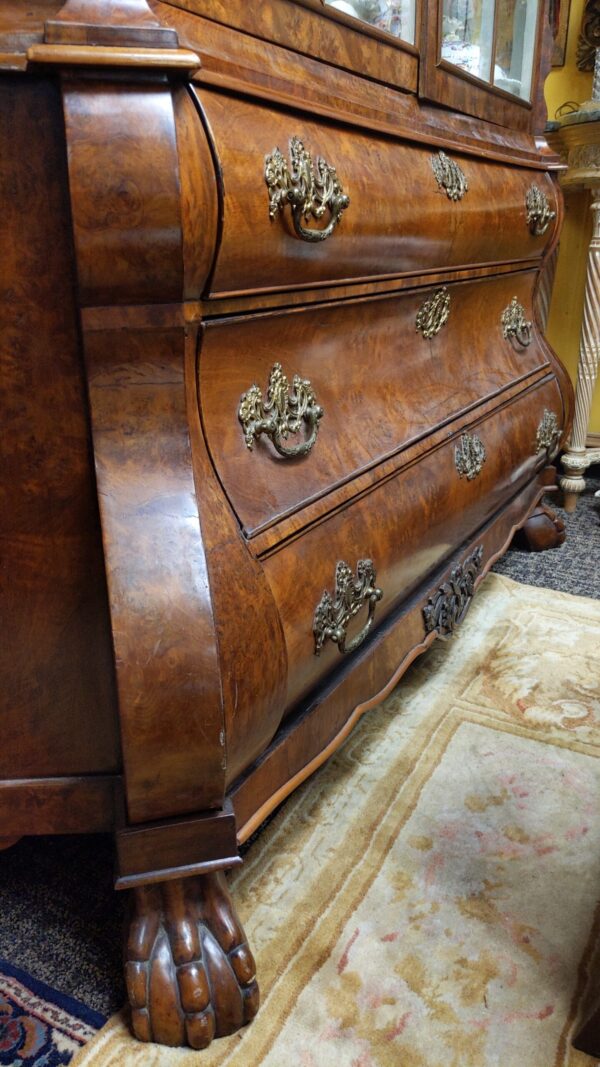 18th Century Kettle Base Dutch Burl Walnut Display Cabinet - M.D. Antiques in Richardson and Dallas Tx.