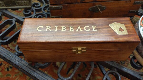 Vintage Teak Wood Cribbage and Card Box with Brass Inlay