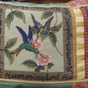 Pair of Hummingbird Needlepoint Patchwork Pillows - M.D. Antiques in Richardson and Dallas Tx.