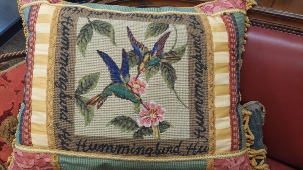 Pair of Hummingbird Needlepoint Patchwork Pillows - M.D. Antiques in Richardson and Dallas Tx.