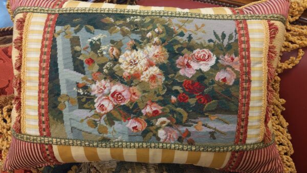 Pair of Floral Needlepoint Patchwork Pillows - M.D. Antiques in Richardson and Dallas Tx.