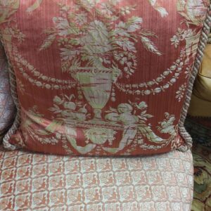 Pair of French Silk Damask Pillows with Custom Rope Trim - M.D. Antiques in Richardson and Dallas Tx.