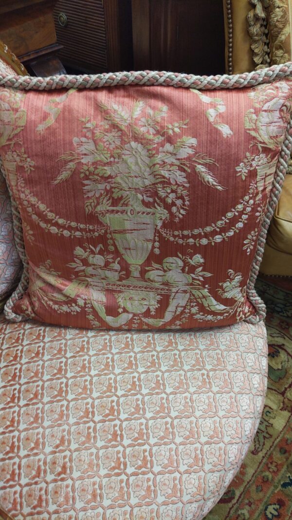 Pair of French Silk Damask Pillows with Custom Rope Trim - M.D. Antiques in Richardson and Dallas Tx.