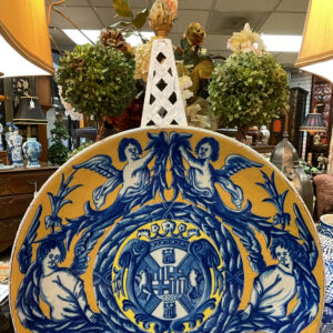 Italian 19th Century Blue and White on Yellow Ground Fience Armorial Crested Charger - M.D. Antiques in Richardson and Dallas Tx.