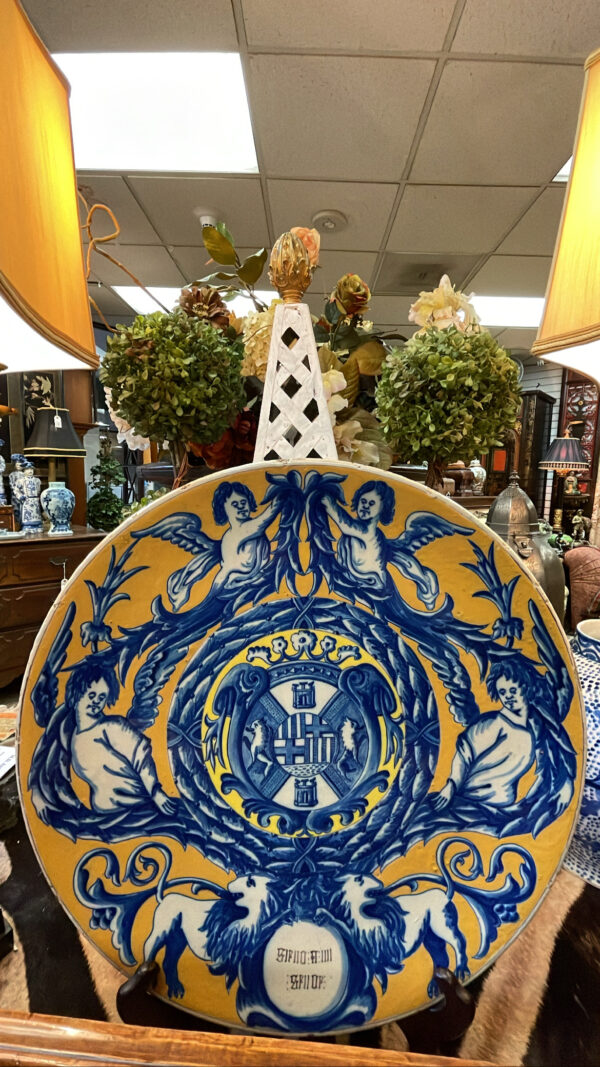 Italian 19th Century Blue and White on Yellow Ground Fience Armorial Crested Charger - M.D. Antiques in Richardson and Dallas Tx.