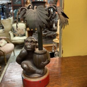 Tin Metal Candlestick Depicting Monkey Holding a Palm Frawns - M.D. Antiques in Richardson and Dallas Tx.