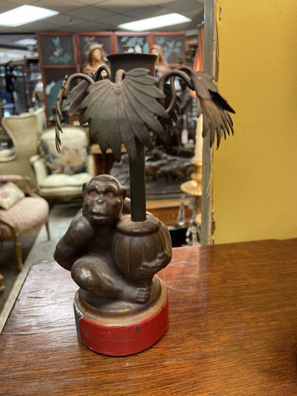 Tin Metal Candlestick Depicting Monkey Holding a Palm Frawns - M.D. Antiques in Richardson and Dallas Tx.