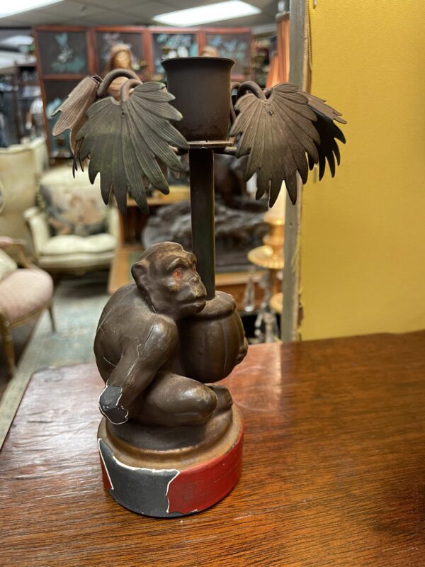 Tin Metal Candlestick Depicting Monkey Holding a Palm Frawns - M.D. Antiques in Richardson and Dallas Tx.