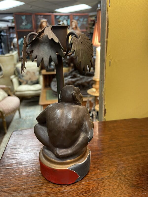 Tin Metal Candlestick Depicting Monkey Holding a Palm Frawns - M.D. Antiques in Richardson and Dallas Tx.