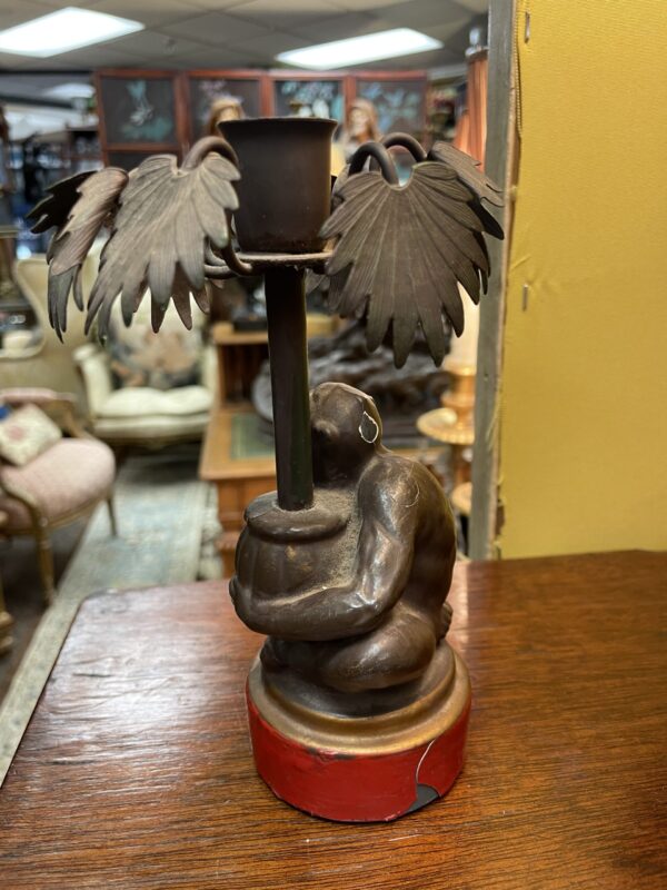 Tin Metal Candlestick Depicting Monkey Holding a Palm Frawns - M.D. Antiques in Richardson and Dallas Tx.