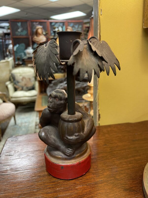 Tin Metal Candlestick Depicting Monkey Holding a Palm Frawns - M.D. Antiques in Richardson and Dallas Tx.