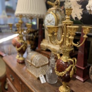 Pair of French Rouge Royale Marble and Gilt Candelabra -M.D. Antiques in Richardson and Dallas Tx.