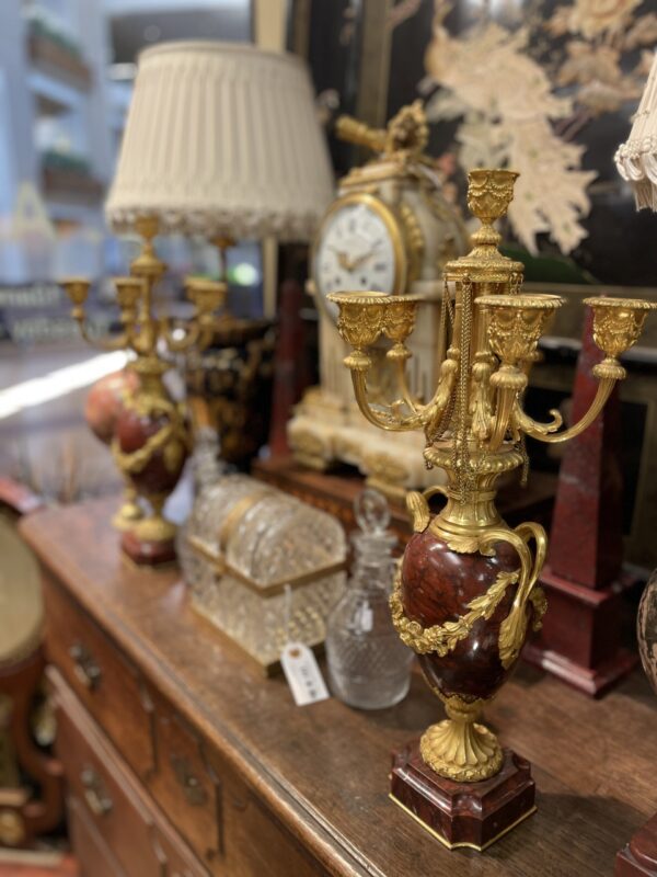 Pair of French Rouge Royale Marble and Gilt Candelabra -M.D. Antiques in Richardson and Dallas Tx.