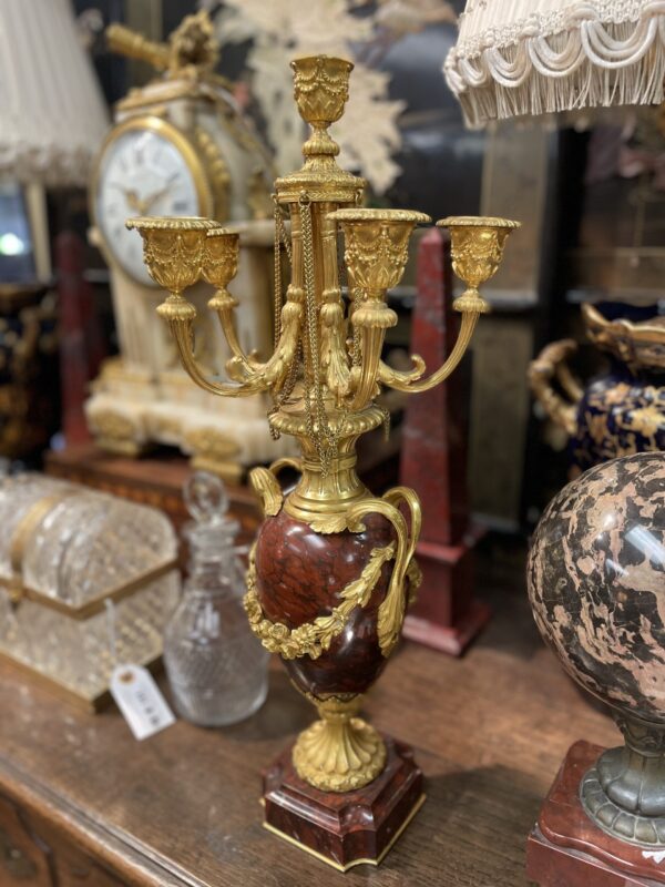 Pair of French Rouge Royale Marble and Gilt Candelabra -M.D. Antiques in Richardson and Dallas Tx.