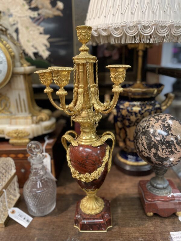 Pair of French Rouge Royale Marble and Gilt Candelabra -M.D. Antiques in Richardson and Dallas Tx.