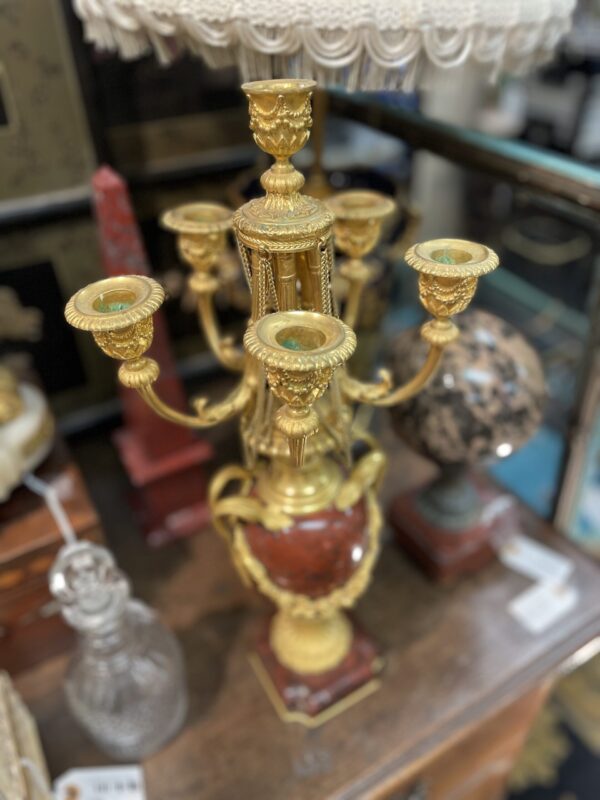 Pair of French Rouge Royale Marble and Gilt Candelabra -M.D. Antiques in Richardson and Dallas Tx.