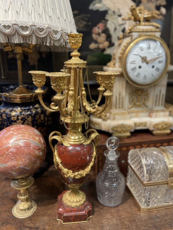 Pair of French Rouge Royale Marble and Gilt Candelabra -M.D. Antiques in Richardson and Dallas Tx.