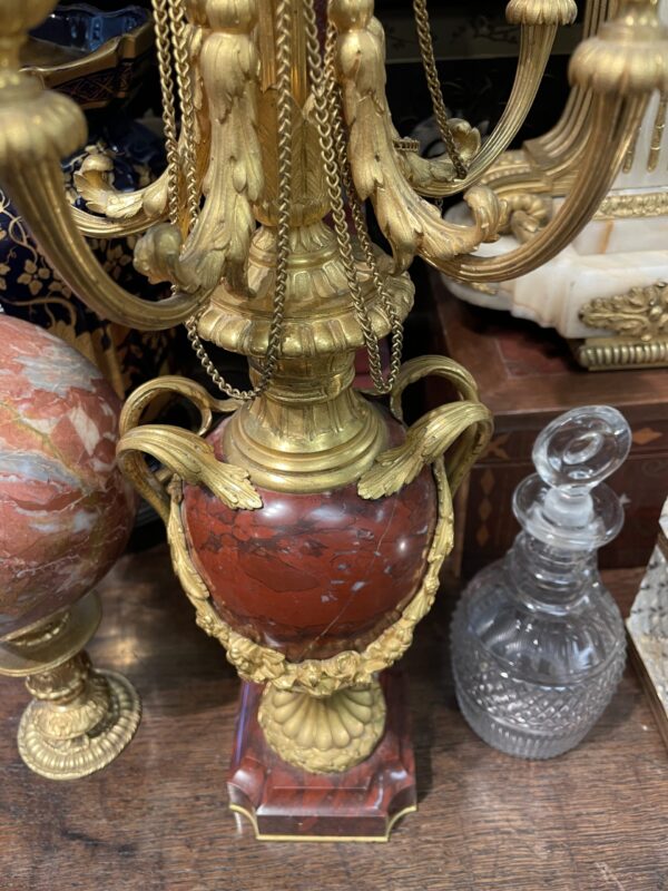 Pair of French Rouge Royale Marble and Gilt Candelabra -M.D. Antiques in Richardson and Dallas Tx.