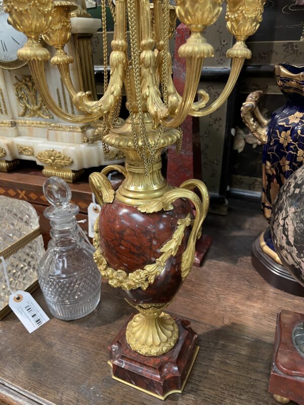 Pair of French Rouge Royale Marble and Gilt Candelabra -M.D. Antiques in Richardson and Dallas Tx.