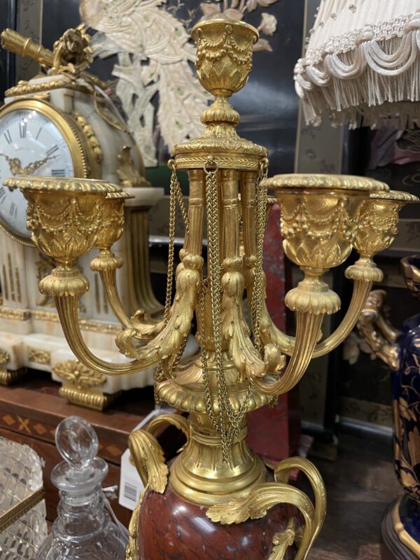 Pair of French Rouge Royale Marble and Gilt Candelabra -M.D. Antiques in Richardson and Dallas Tx.