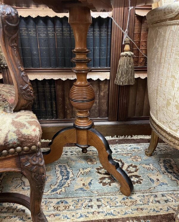 German Biedermeier Fruit Wood and Ebonized Tilt Top Table with Beaded Needlework Top Under Glass circa 1840 - M.D. Antiques in Richardson and Dallas Tx.