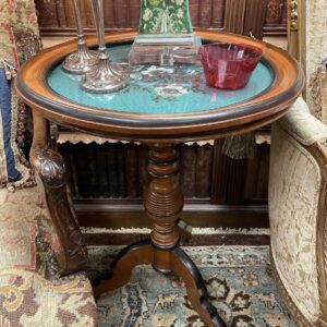 German Biedermeier Fruit Wood and Ebonized Tilt Top Table with Beaded Needlework Top Under Glass circa 1840 - M.D. Antiques in Richardson and Dallas Tx.