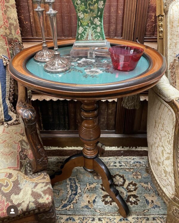 German Biedermeier Fruit Wood and Ebonized Tilt Top Table with Beaded Needlework Top Under Glass circa 1840 - M.D. Antiques in Richardson and Dallas Tx.