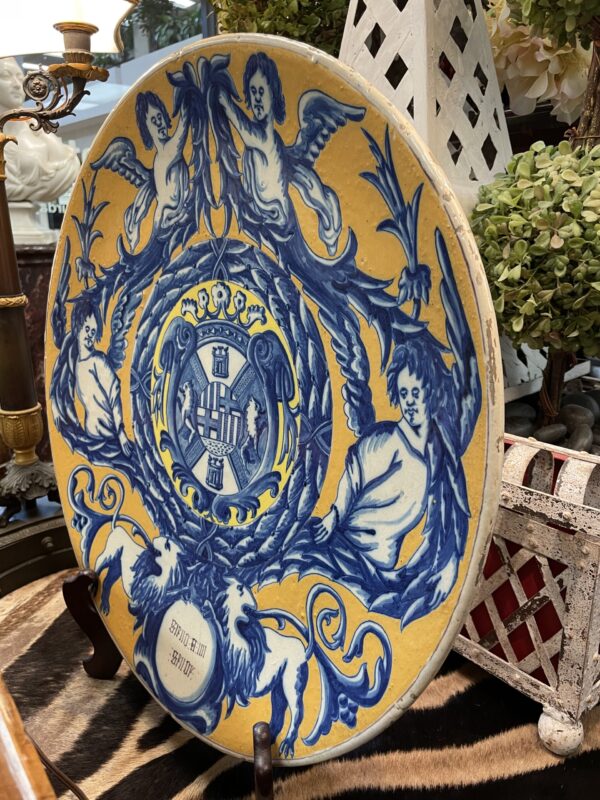 Italian 19th Century Blue and White on Yellow Ground Fience Armorial Crested Charger - M.D. Antiques in Richardson and Dallas Tx.