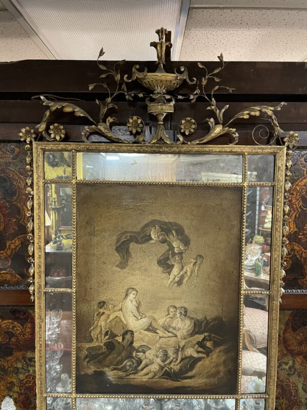 English Carved Wood Crusted and Peeling Gold Leaf Mirror Framed Sepia 0tone Neoclassical Painting - Image 4