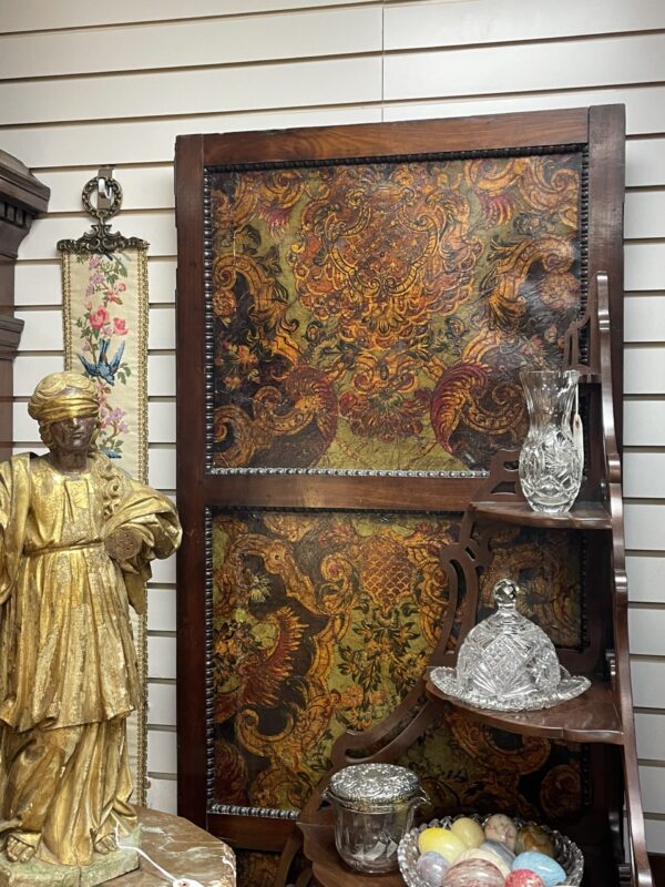 Five Panel Continental Mahogany Framed and Painted Leather 7 ft tall Screen - M.D. Antiques in Richardson and Dallas Tx.