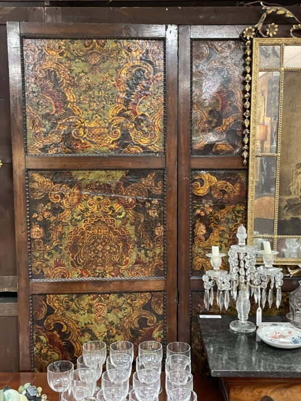 Five Panel Continental Mahogany Framed and Painted Leather 7 ft tall Screen - M.D. Antiques in Richardson and Dallas Tx.