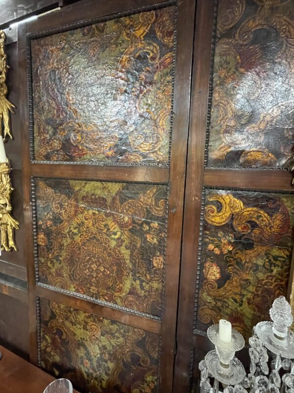 Five Panel Continental Mahogany Framed and Painted Leather 7 ft tall Screen - M.D. Antiques in Richardson and Dallas Tx.