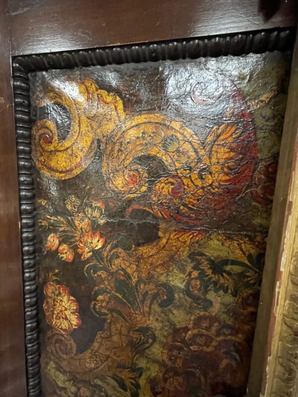 Five Panel Continental Mahogany Framed and Painted Leather 7 ft tall Screen - M.D. Antiques in Richardson and Dallas Tx.