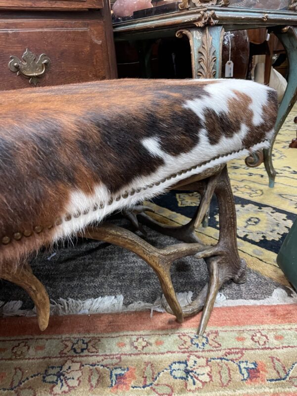 Cow Hyde and Antler Bench - M.D. Antiques in Richardson and Dallas Tx.