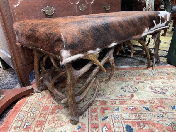 Cow Hyde and Antler Bench - M.D. Antiques in Richardson and Dallas Tx.