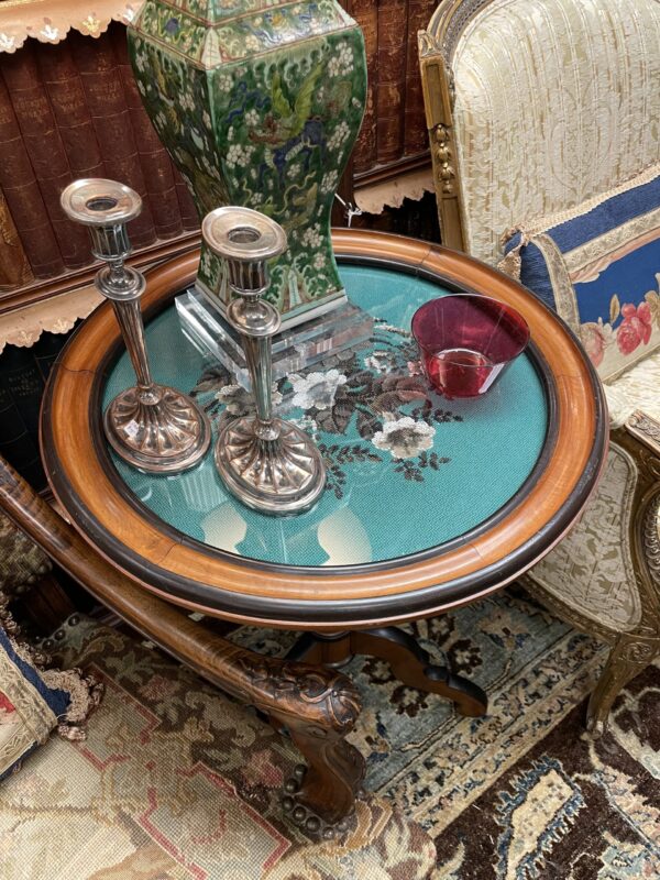 German Biedermeier Fruit Wood and Ebonized Tilt Top Table with Beaded Needlework Top Under Glass circa 1840 - M.D. Antiques in Richardson and Dallas Tx.