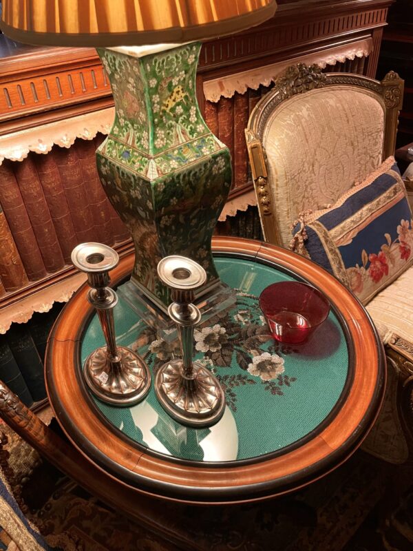 German Biedermeier Fruit Wood and Ebonized Tilt Top Table with Beaded Needlework Top Under Glass circa 1840 - M.D. Antiques in Richardson and Dallas Tx.