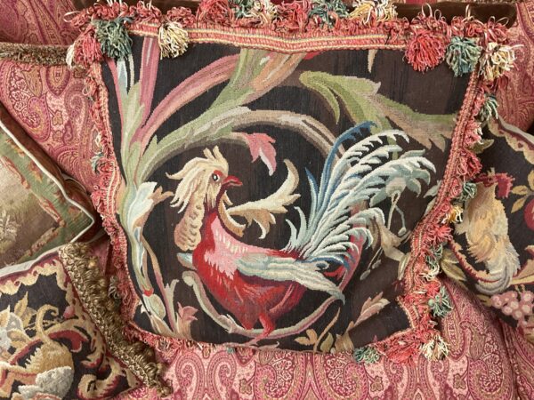 Large Rooster Aubusson Pillow - M.D. Antiques in Richardson and Dallas Tx.