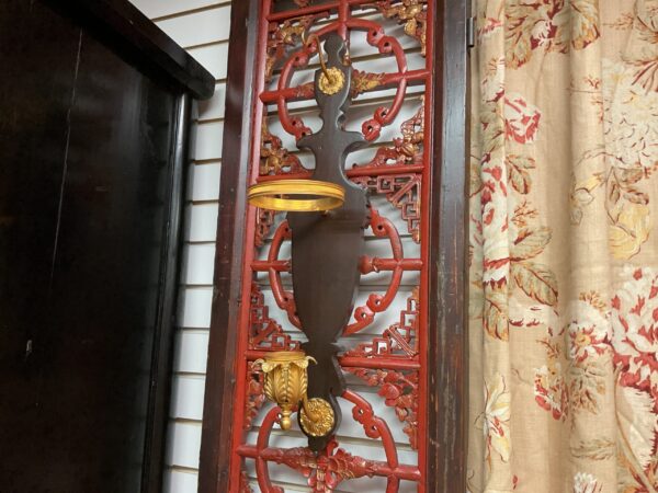 Pair Black Wood and Gilt Metal Sconces with Hurricane Globes