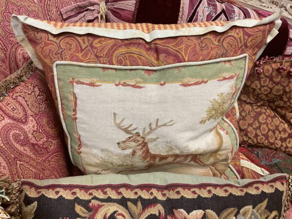 Pair of Aubusson Pillows with Deer and Dog Design - M.D. Antiques in Richardson and Dallas Tx.