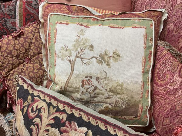 Pair of Aubusson Pillows with Deer and Dog Design - M.D. Antiques in Richardson and Dallas Tx.