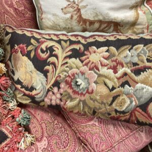 Pair of Aubusson Pillows with Monkey and Rooster Design - M.D. Antiques in Richardson and Dallas Tx.