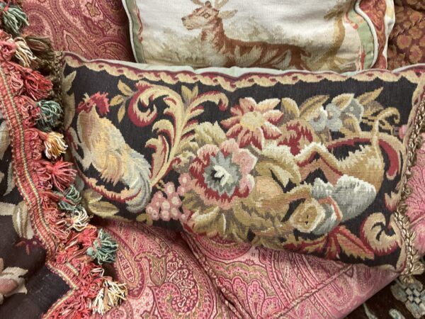 Pair of Aubusson Pillows with Monkey and Rooster Design - M.D. Antiques in Richardson and Dallas Tx.