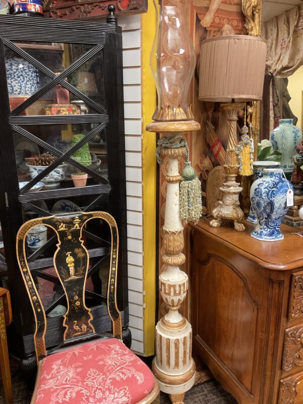 Pair of French Painted Wood and Parcel Gilt Pricket Sticks with Hand Blown Hurricane Glass