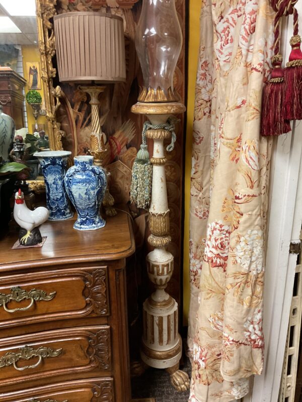 Pair of French Painted Wood and Parcel Gilt Pricket Sticks with Hand Blown Hurricane Glass - Image 2