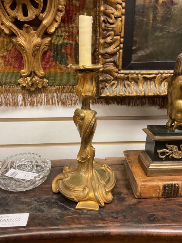 Pair of French Gilt Bronze Louis XV Single Candle Sticks - M.D. Antiques in Richardson and Dallas Tx.