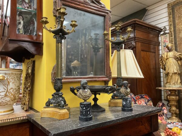 Pair of English Regency Bronze and Partial Gilt Lamps with Custom Silk Shades - M.D. Antiques in Richardson and Dallas Tx.