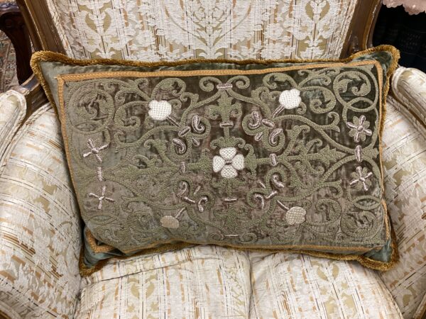 Green Embroidered Pillow - M.D. Antiques in Richardson and Dallas Tx.