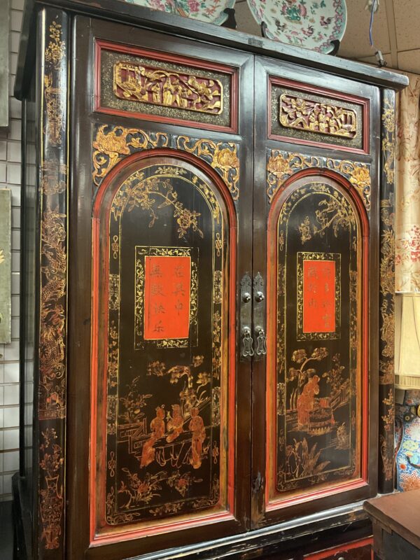 Chinese Black and Red Laquered Cabinet with Gilt Decoration - M.D. Antiques in Richardson and Dallas Tx.