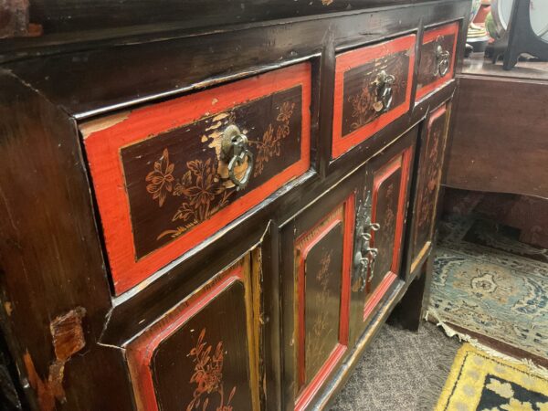 Chinese Black and Red Laquered Cabinet with Gilt Decoration - M.D. Antiques in Richardson and Dallas Tx.